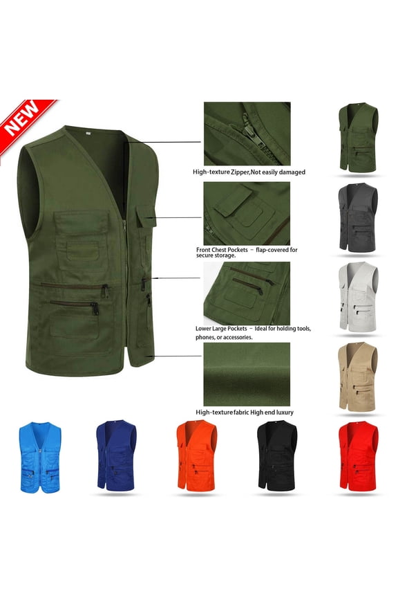 Men's Utility Fishing Vest Solid Color Zipper Tank Tops Lightweight Outdoor Work Safari Travel Cargo Vest Jacket with Multi-Pockets for Men
