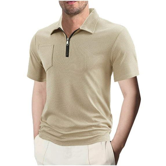 Taqqpue Men's Waffle Polo Shirts Short Sleeve Quarter Zip Shirts Classic Lightweight Business Casual Stylish Golf Collar Shirt for Men with Pocket