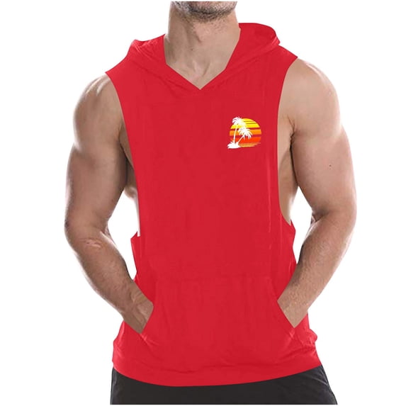 Taqqpue Men's Workout Hooded Tank Tops Summer Solid Color Sleeveless Gym Hoodies Bodybuilding Muscle Cut Off Hawaiian Palm Tree Print T-Shirts Hawaii Beach Vacation