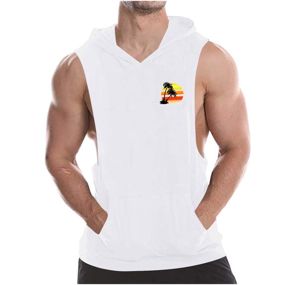 Taqqpue Men's Workout Hooded Tank Tops Summer Solid Color Sleeveless Gym Hoodies Bodybuilding Muscle Cut Off Hawaiian Palm Tree Print T-Shirts Hawaii Beach Vacation