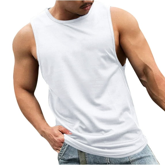 Taqqpue Men's Workout Tank Tops Casual Crew Neck Solid Color Sleeveless Muscle Shirts Quick Dry Running T Shirts for Athletic Training Sports