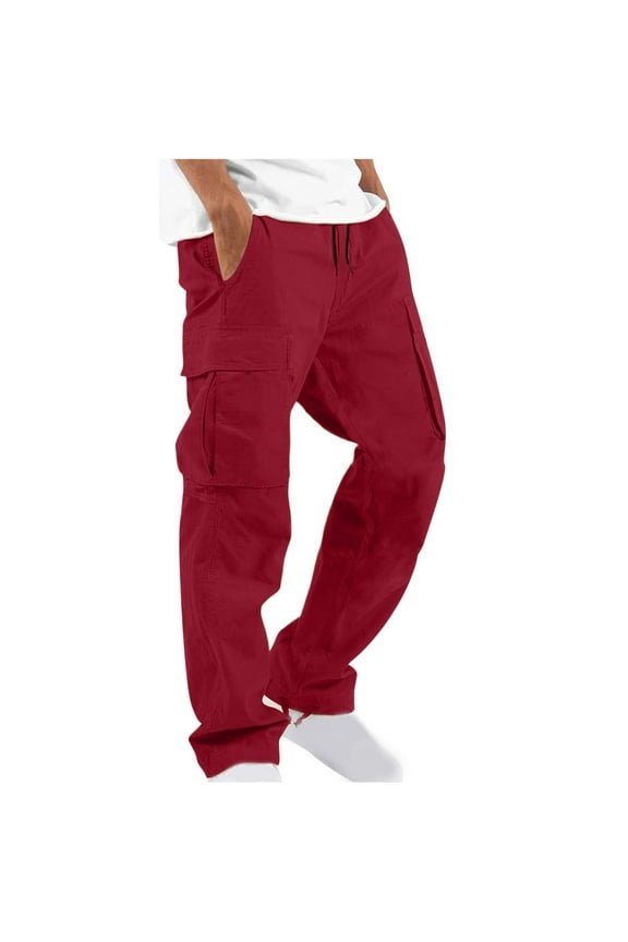 Mens Cargo Pants Casual Loose Lightweight Elastic Waist Drawstring Straight-Legs Pant Hiking Outdoor Work Trousers with Multi Pockets