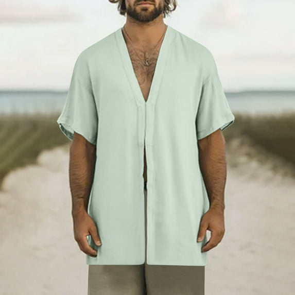 Taqqpue Mens Casual Cotton Linen Shirts Solid Color V Neck Short Sleeve Beach Blouse Tops Lightweight Loose Fit Oversize T Shirts