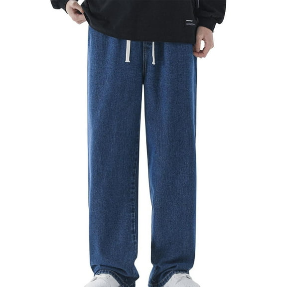 Taqqpue Mens Casual Jeans Elastic Waist Straight Leg Loose Fit Denim Pants Drawstring Vintage Denim Pant with Pocket S-3XL