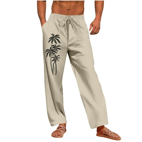 Taqqpue Mens Casual Pants Printed Elastic Waist Drawstring Lightweight Summer Loose Beach Straight Leg Pants with Pockets