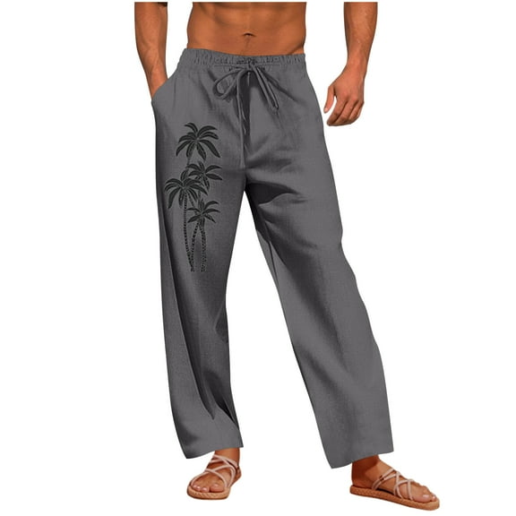 Taqqpue Mens Casual Pants Printed Elastic Waist Drawstring Lightweight Summer Loose Beach Straight Leg Pants with Pockets