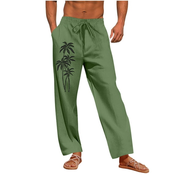 Taqqpue Mens Casual Pants Printed Elastic Waist Drawstring Lightweight Summer Loose Beach Straight Leg Pants with Pockets