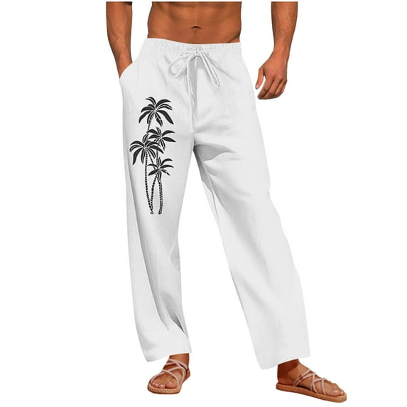 Taqqpue Mens Casual Pants Printed Elastic Waist Drawstring Lightweight Summer Loose Beach Straight Leg Pants with Pockets
