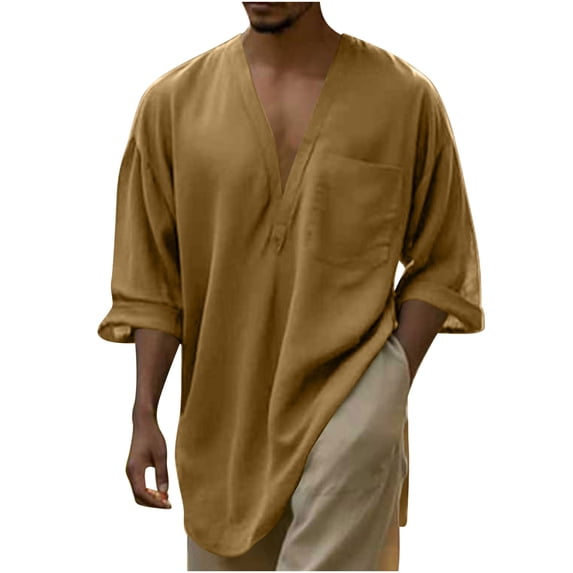 Taqqpue Mens Cotton Linen Shirts Casual Solid Color V Neck Short Sleeve Blouse Tops Lightweight Loose Fit Beach Plus Size T Shirts with Pockets