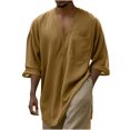 thumbnail image 1 of Taqqpue Mens Cotton Linen Shirts Casual Solid Color V Neck Short Sleeve Blouse Tops Lightweight Loose Fit Beach Plus Size T Shirts with Pockets, 1 of 6