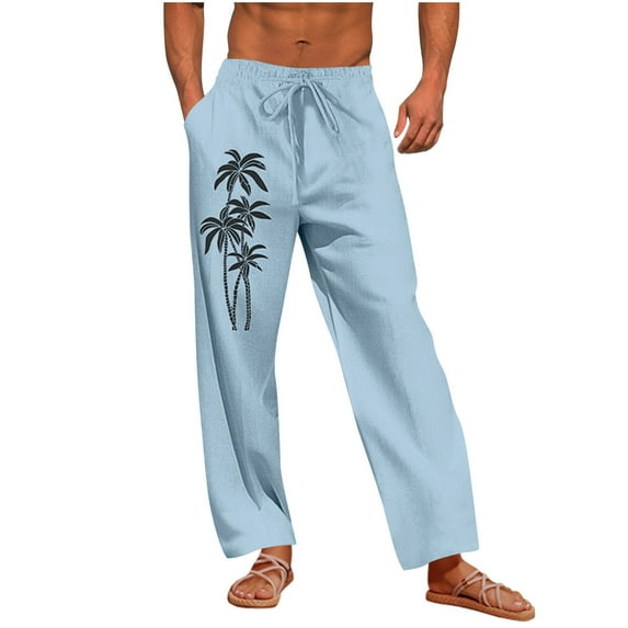 Taqqpue Mens Linen Pants Printed Elastic Waist Drawstring Long Trousers Loose Fit Casual Straight Leg Pants with Pockets