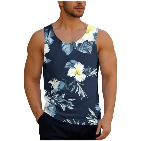 Taqqpue Mens Plus Size Tank Tops Casual Crewneck Hawaiian Sleeveless Shirts Loose Fit Quick Dry Graphic Beach Tank Top for Workout Gym Athletic Training Sports