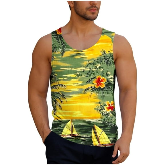 Taqqpue Mens Plus Size Tank Tops Casual Crewneck Hawaiian Sleeveless Shirts Loose Fit Quick Dry Graphic Beach Tank Top for Workout Gym Athletic Training Sports