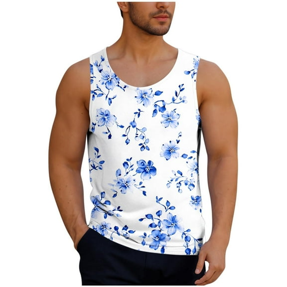 Taqqpue Mens Plus Size Tank Tops Casual Crewneck Hawaiian Sleeveless Shirts Loose Fit Quick Dry Graphic Beach Tank Top for Workout Gym Athletic Training Sports