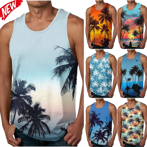 Taqqpue Mens Plus Size Tank Tops Casual Crewneck Hawaiian Sleeveless Shirts Quick Dry Graphic Beach Coconut Tree Gym Tank Top