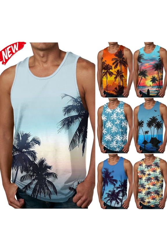 Mens Plus Size Tank Tops Casual Crewneck Hawaiian Sleeveless Shirts Quick Dry Graphic Beach Coconut Tree Gym Tank Top