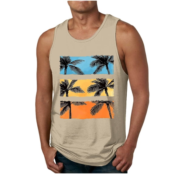Taqqpue Mens Plus Size Tank Tops Casual Crewneck Hawaiian Sleeveless Shirts Quick Dry Graphic Beach Coconut Tree Gym Tank Tops for Workout Athletic Training Sports
