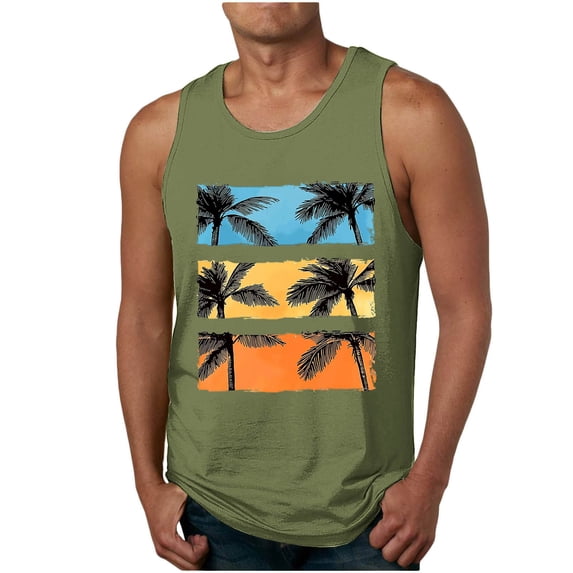 Taqqpue Mens Plus Size Tank Tops Casual Crewneck Hawaiian Sleeveless Shirts Quick Dry Graphic Beach Coconut Tree Gym Tank Tops for Workout Athletic Training Sports
