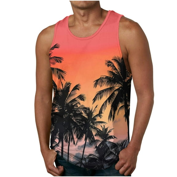 Taqqpue Mens Plus Size Tank Tops Casual Hawaiian Crewneck Sleeveless Shirts Quick Dry Graphic Beach Coconut Tree Gym Tank Top
