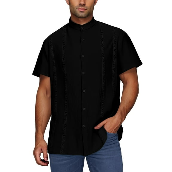 Taqqpue Mens Short Sleeve Guayabera Shirts Linen Cotton Button Down Mexican Embroidered Cuban Wedding Shirt Summer Beach Tops