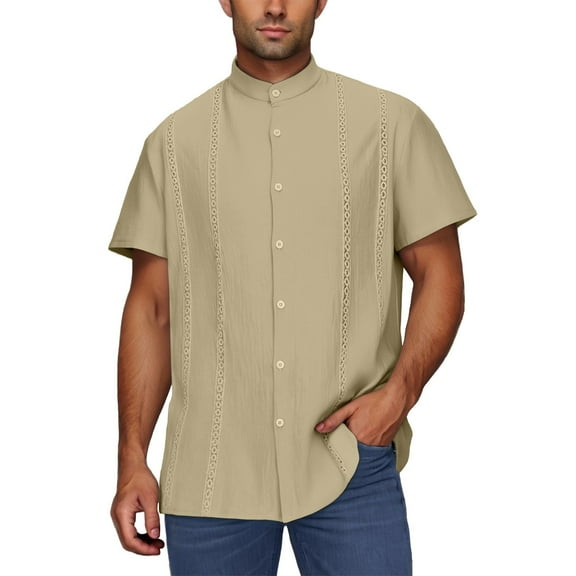 Taqqpue Mens Short Sleeve Guayabera Shirts Linen Cotton Button Down Mexican Embroidered Cuban Wedding Shirt Summer Beach Tops