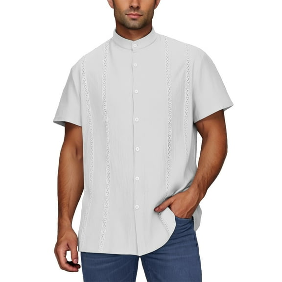 Taqqpue Mens Short Sleeve Guayabera Shirts Linen Cotton Button Down Mexican Embroidered Cuban Wedding Shirt Summer Beach Tops