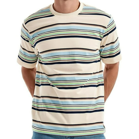 Taqqpue Mens Short Sleeve T-Shirts Classic Horizontal Striped Casual Crewneck Basic Shirt Fitted Everyday Tees
