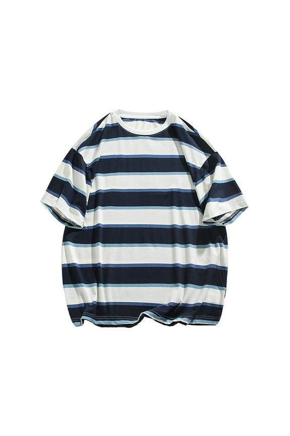 Mens Short Sleeve T-Shirts Classic Horizontal Striped Casual Crewneck Basic Shirt Regular Fit Stretch Summer Beach Tees M-5XL