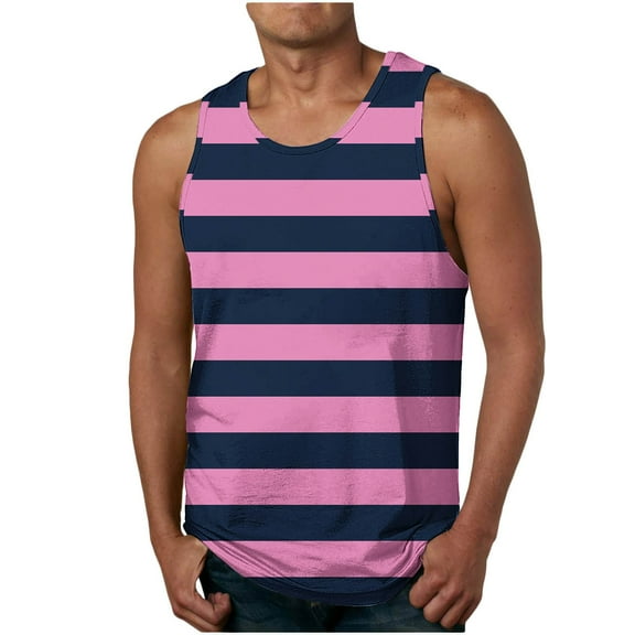 Taqqpue Mens Stripe Printed Tank Tops Casual Crewneck Sleeveless Shirts Loose Fit Quick Dry Workout Gym Muscle Beach Tee Tops