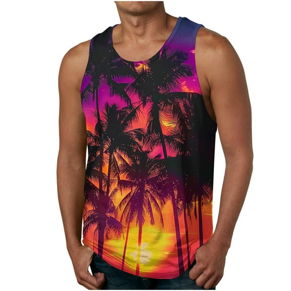 Taqqpue Mens Summer Beach Tank Top Casual Tropical Hawaiian Palm Tree Print Sleeveless Shirts Quick Dry Muscle Tee Vacation Shirts