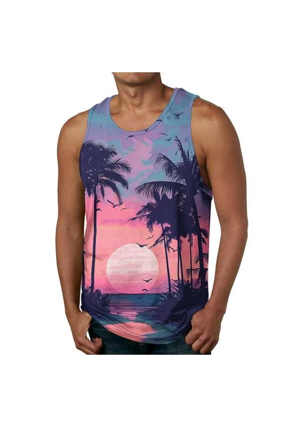 Mens Summer Beach Tank Top Casual Tropical Hawaiian Palm Tree Print Sleeveless Shirts Quick Dry Muscle Tee Vacation Shirts