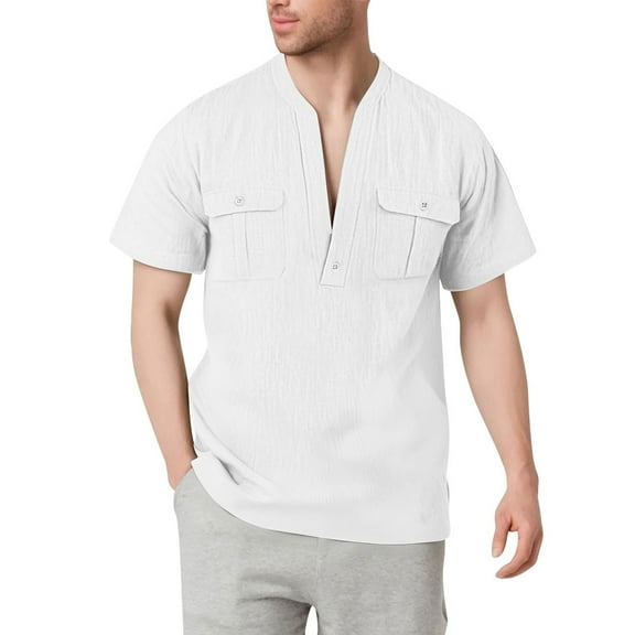Taqqpue Mens Summer Shirts Linen V Neck Short Sleeve Shirts Trendy Loose Fit Casual Tops with Pockets