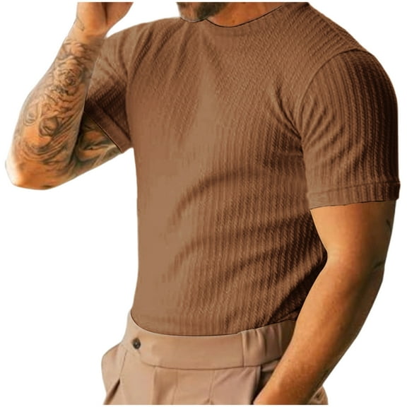 Taqqpue Mens Summer T-Shirt Ribbed Knit Crew Neck Short Sleeve Shirt Solid Outdoor Fashion Plus Size Casual Tee Tops S-3XL