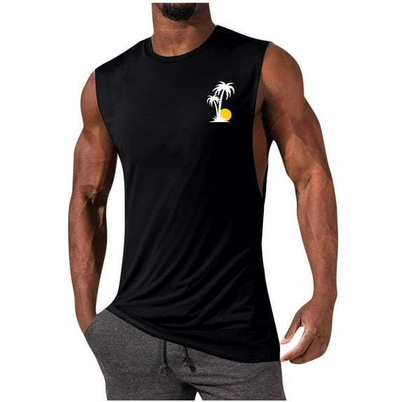 Taqqpue Mens Tank Tops Casual Crew Neck Workout Gym Sleeveless Shirts Summer Beach Quick Dry Palm Tree Vintage Style T-Shirt