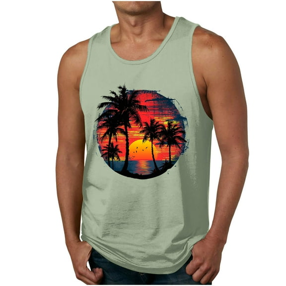 Taqqpue Mens Tank Tops Summer Beach Vacation Sleeveless Shirts Casual Palm Graphic Muscle Gym Workout Tank Top T-Shirt