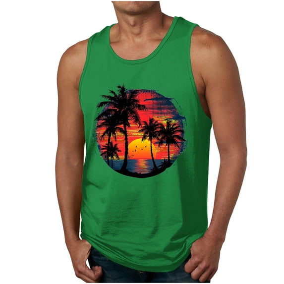 Taqqpue Mens Tank Tops Summer Beach Vacation Sleeveless Shirts Casual Palm Graphic Muscle Gym Workout Tank Top T-Shirt