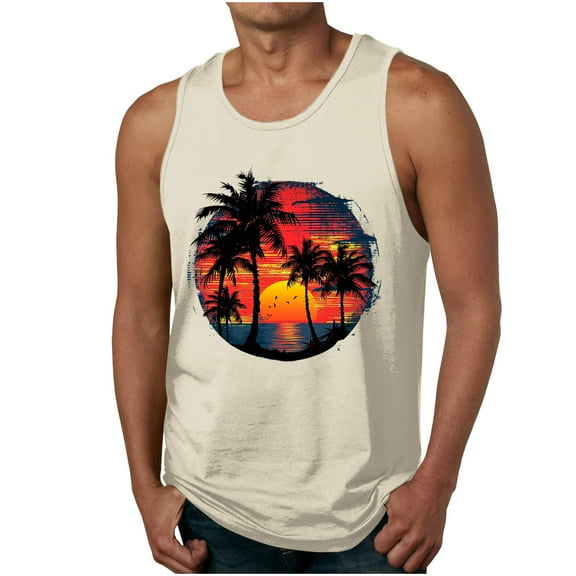 Taqqpue Mens Tank Tops Summer Beach Vacation Sleeveless Shirts Casual Palm Graphic Muscle Gym Workout Tank Top T-Shirt