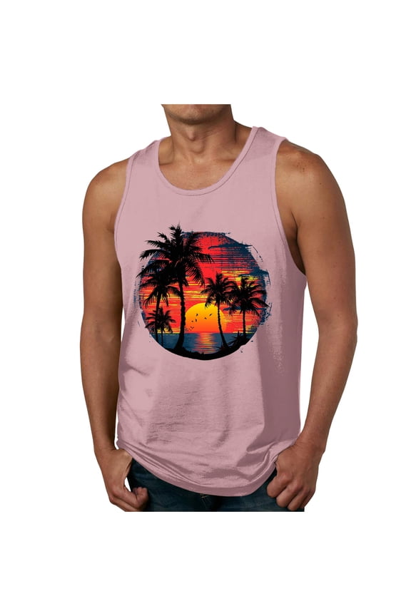 Mens Tank Tops Summer Beach Vacation Sleeveless Shirts Casual Palm Graphic Muscle Gym Workout Tank Top T-Shirt