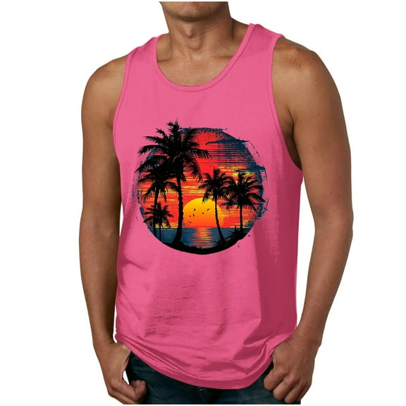 Taqqpue Mens Tank Tops Summer Beach Vacation Sleeveless Shirts Casual Palm Graphic Muscle Gym Workout Tank Top T-Shirt