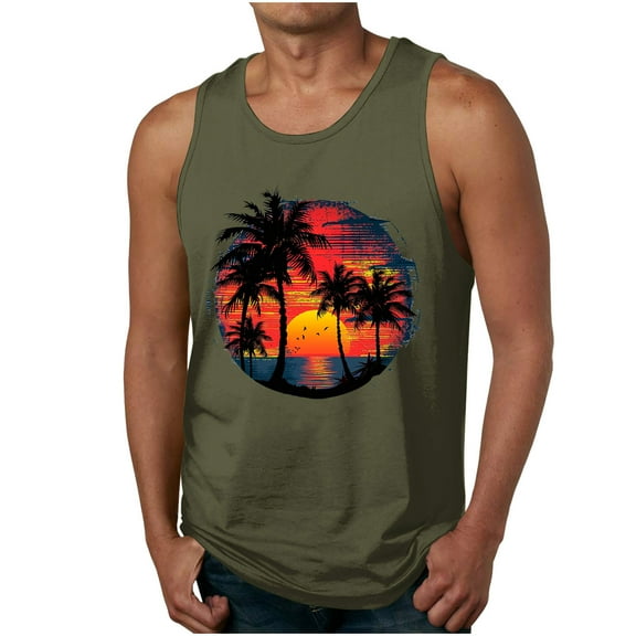 Taqqpue Mens Tank Tops Summer Beach Vacation Sleeveless Shirts Casual Palm Graphic Muscle Gym Workout Tank Top T-Shirt