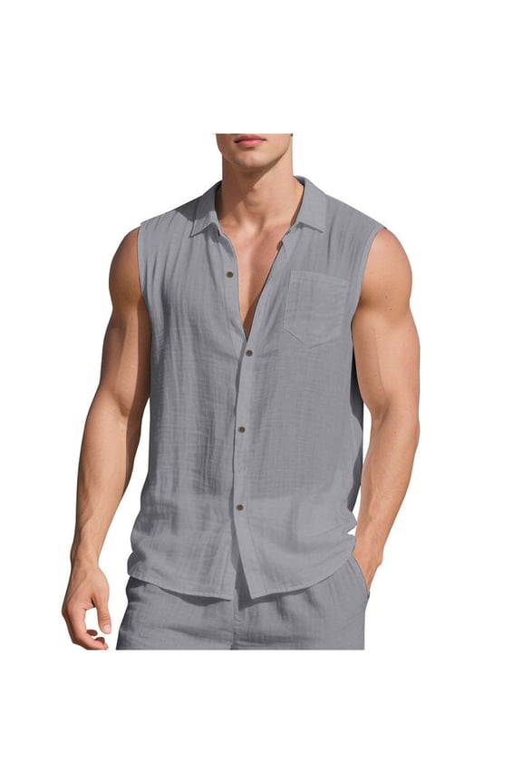 Mens Tank Tops Summer Sleeveless Shirts Button Down Collared Lightweight T-Shirt Cotton Linen Casual Tee Top S-3XL