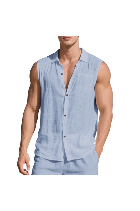 Mens Tank Tops Summer Sleeveless Shirts Button Down Collared Lightweight T-Shirt Cotton Linen Casual Tee Top S-3XL