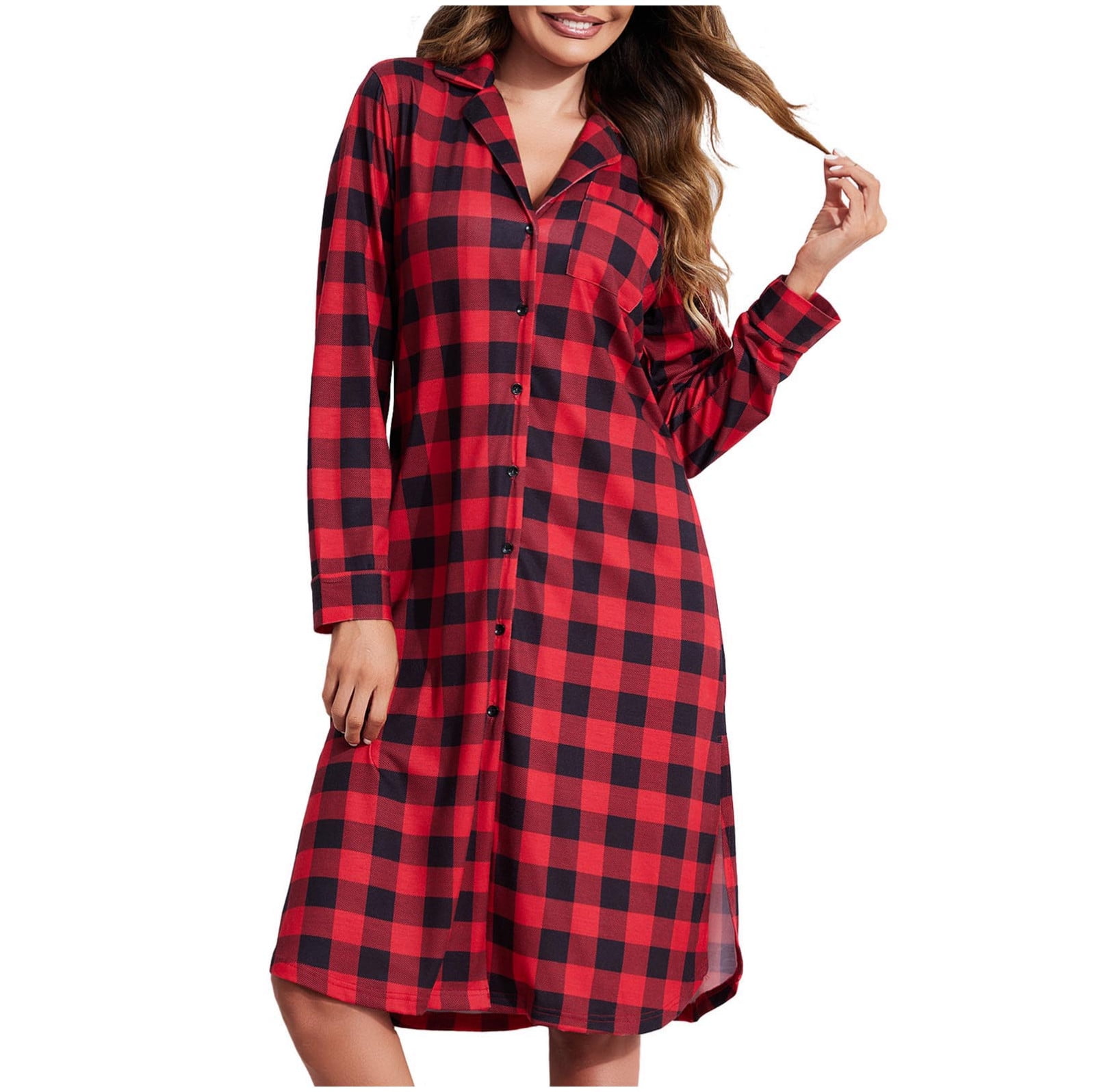 Taqqpue Nightgowns for Women Button Down Sleepshirt Casual Long Sleeve ...
