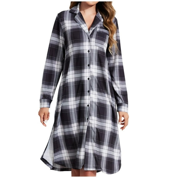 Taqqpue Nightgowns for Women Button Down Sleepshirt Casual Long Sleeve Plaid Night Shirt Sleepwear Cotton Soft Pajamas Dress Long Sleep Shirt Nightshirt Soft Loungewear