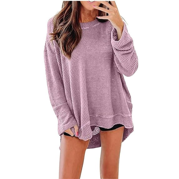 Taqqpue Oversize T Shirts for Women Casual Round Neck Long Sleeve Waffle Shirts Fall Winter Flowy Loose Fit Plus Size Blouse Tops Pullover
