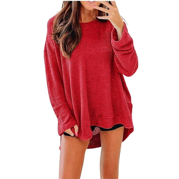 Taqqpue Oversize T Shirts for Women Casual Round Neck Long Sleeve Waffle Shirts Fall Winter Flowy Loose Fit Plus Size Blouse Tops Pullover