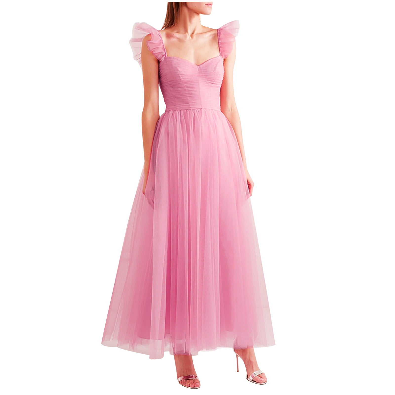 Taqqpue Pink Wedding Guest Dresses for Women,Ruffle Cap Sleeveless Long ...