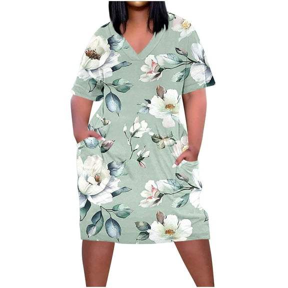 Taqqpue Plus Size Dress for Women Summer Floral Printed Short Sleeve V Neck Sundresses Casual Beach Vacation Clothes Dresses Loose Knee Length T Shirt Dress with Pockets