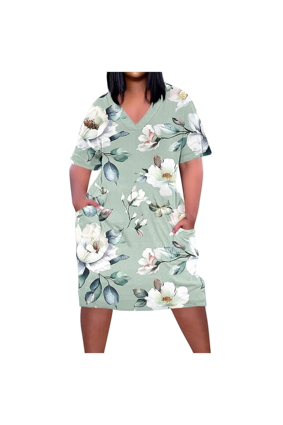 Plus Size Dress for Women Summer Floral Printed Short Sleeve V Neck Sundresses Casual Beach Vacation Clothes Dresses Loose Knee Length T Shirt Dress with Pockets