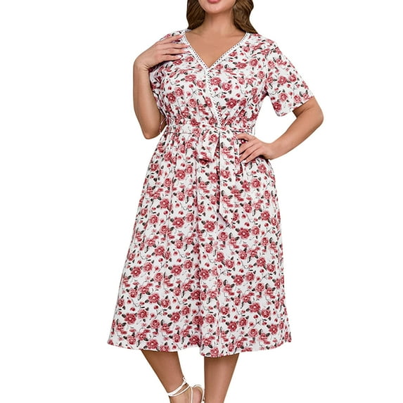 Taqqpue Plus Size Dress for Women Summer Floral Printed Short Sleeve V Neck Sundresses Casual Beach Vacation Clothes Dresses Loose Knee Length Tie Waist T Shirt Dress